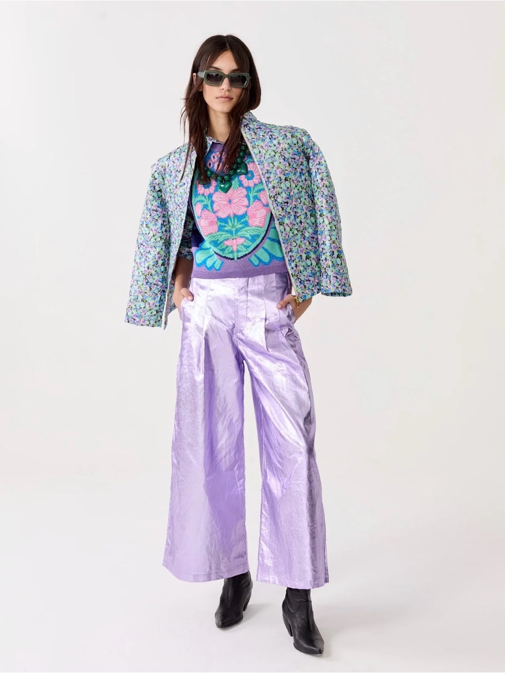 New Metallic Lilac Wide-Leg High-Rise Pants